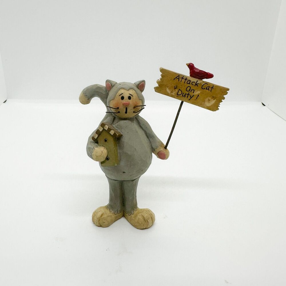 Vintage Blossom Bucket Grey Cat Attack Duty Bird Figurine *flaw